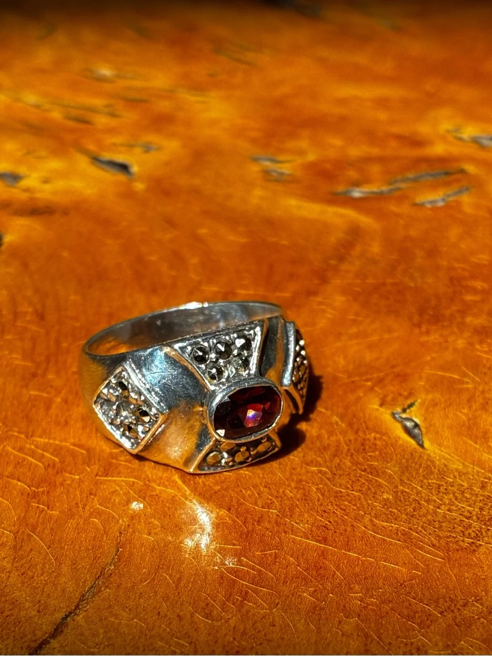 Sterling Silver Garnet Art Deco Ring - Deep Red Gemstone